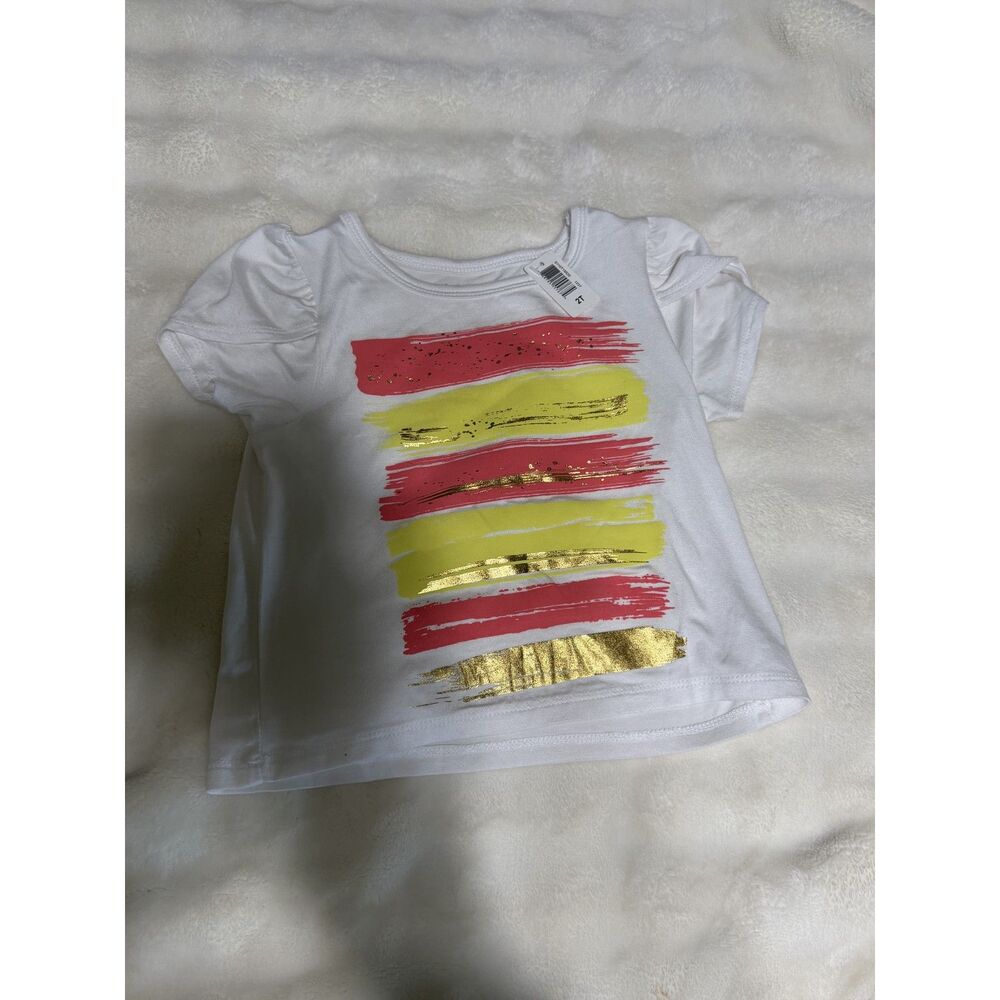 NWT Kidpik Girls Tulip Sleeve Graphic Tee Pink Yellow Foil Stripe Size 2T